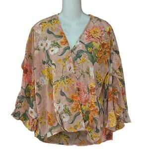 Umgee Women's Small Sheer Peach/Orange Floral Top with Flowy Sleeves